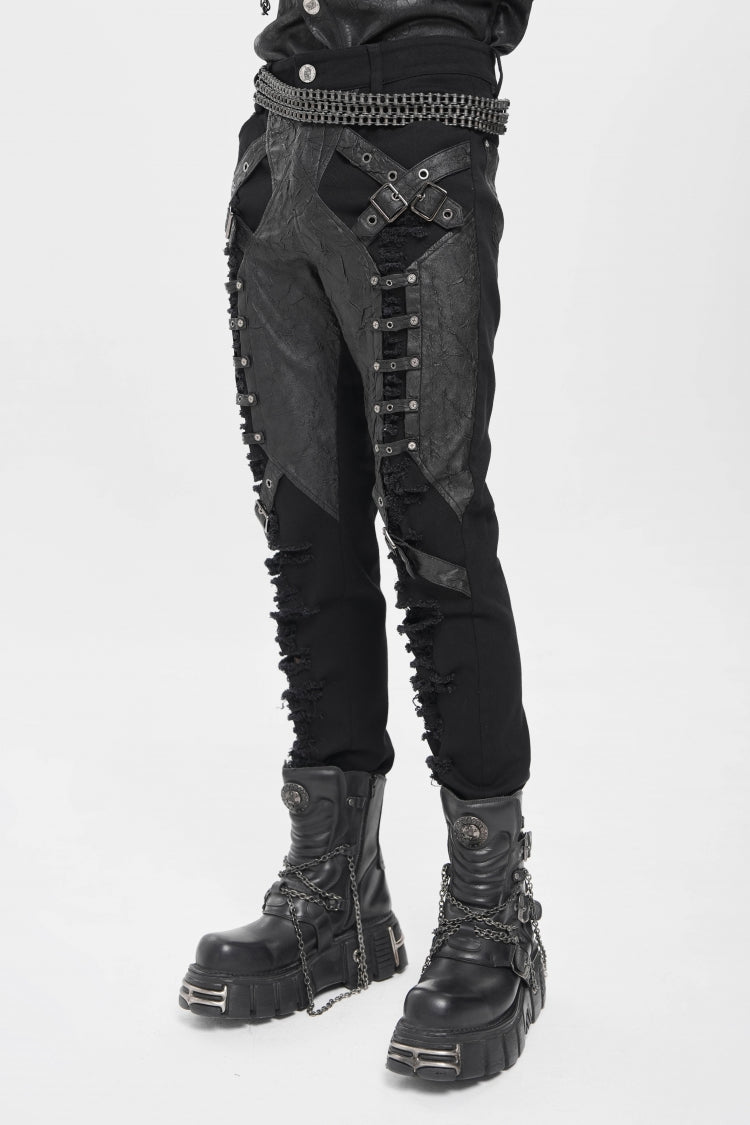 Black Ripped Buckle Straps Men's Punk Pants