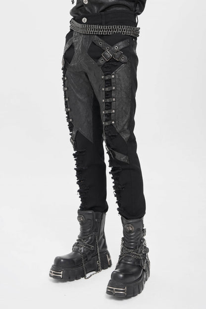 Black Ripped Buckle Straps Men's Punk Pants