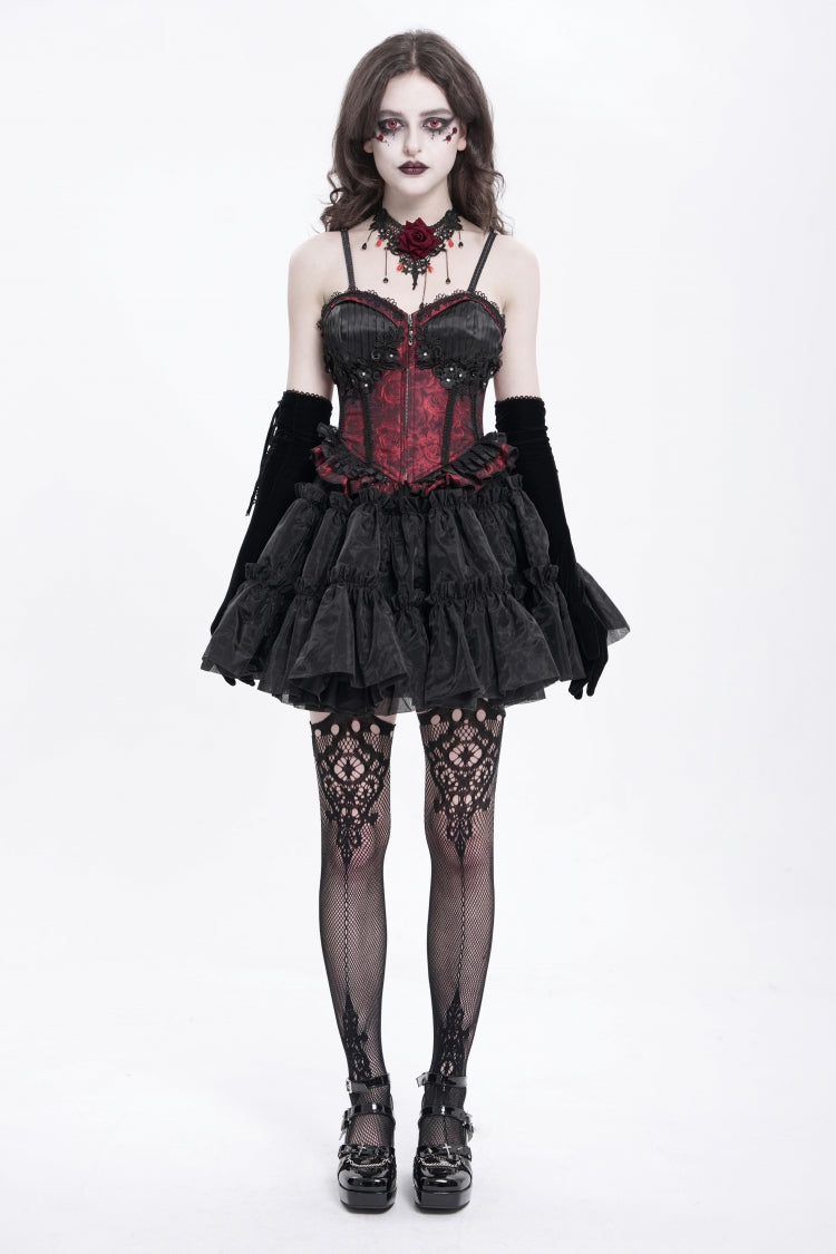 Red Sleeveless Ruffle Embroidery Lace-Up Women's Gothic Tank Top