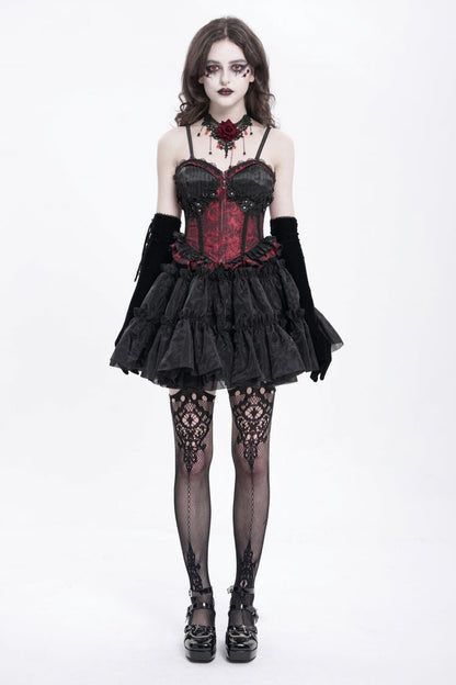 Red Sleeveless Ruffle Embroidery Lace-Up Women's Gothic Tank Top