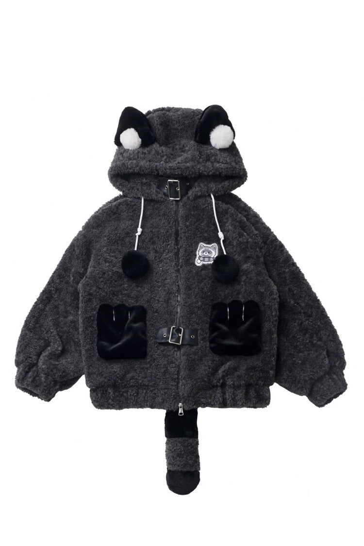 Black/Grey [Little Hibernating Bear] Long Sleeves Hooded Zippered Sweet Lolita Coat and Skirt Set