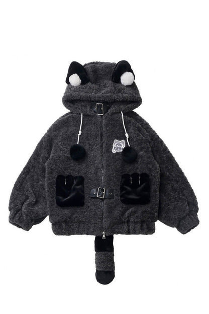 Black/Grey [Little Hibernating Bear] Long Sleeves Hooded Zippered Sweet Lolita Coat and Skirt Set