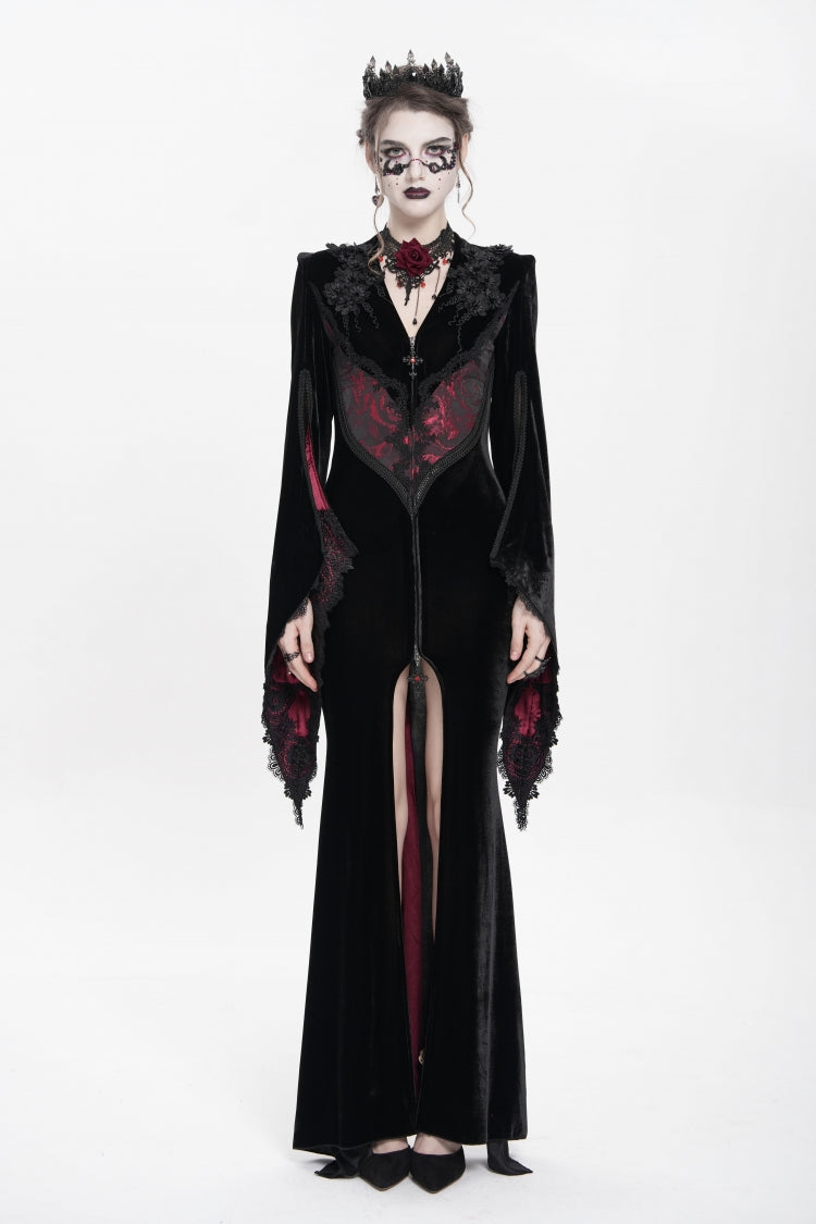 Black/Red V Collar Long Trumpet Sleeves Floral Embroidered Velvet Women's Gothic Dress