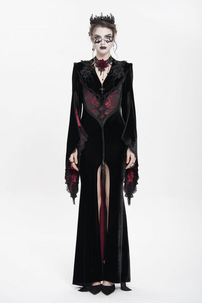Black/Red V Collar Long Trumpet Sleeves Floral Embroidered Velvet Women's Gothic Dress