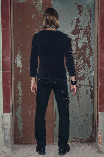 Black Punk Rock Broken Holes Long Sleeves Skull Nail Knitted Mens T-Shirt