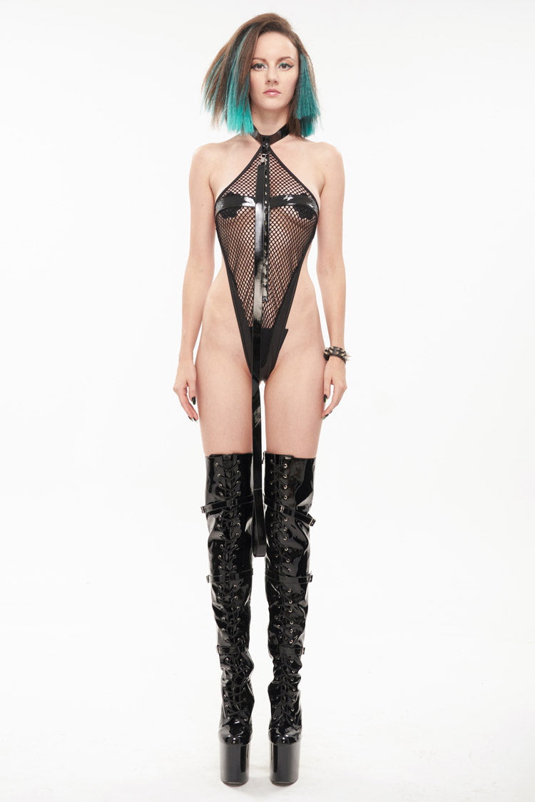 Black Sexy Leather Neck Ring Metal Rivets Fishnet Women's Punk Underwear