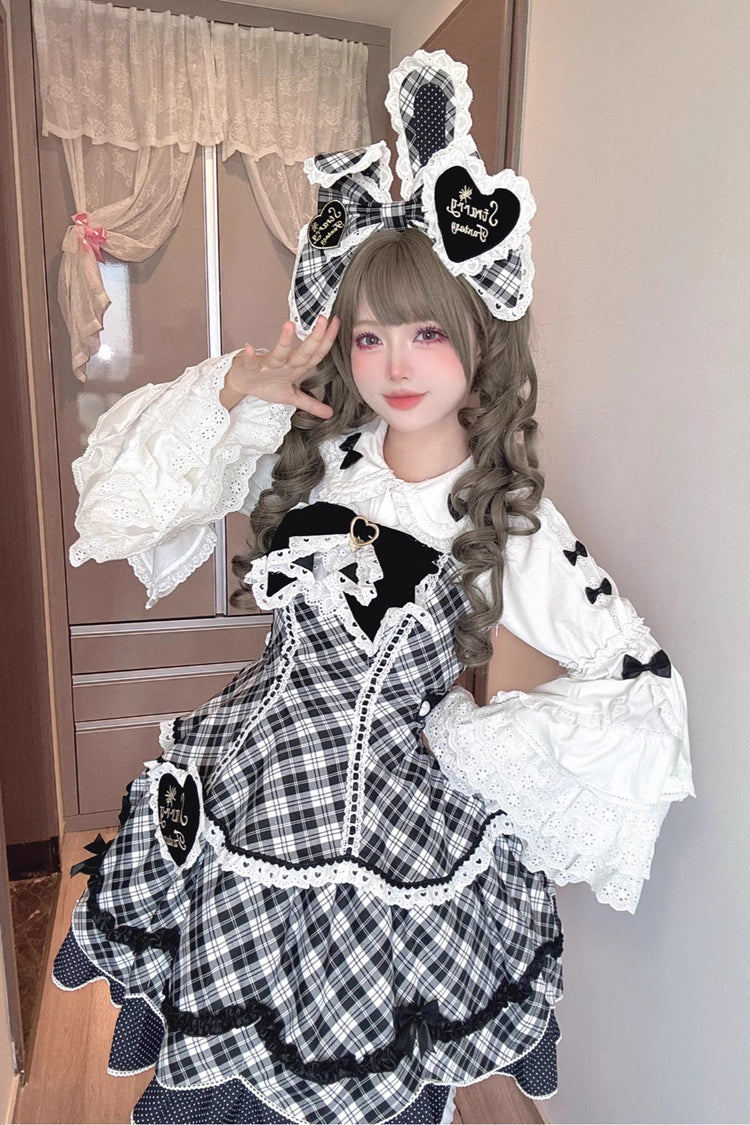 Black/White [Shibuya Sweetheart] Sleeveless Plaid Print Ruffle Bowknot Sweet Lolita Jsk Dress (Plus Size Support)