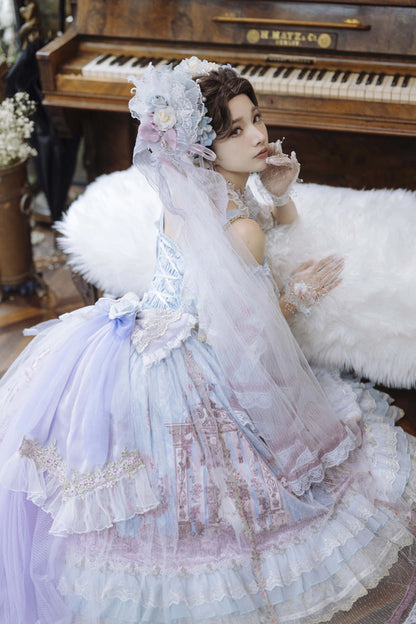 Blue [Moonlight Melody] Off Shoulder Sleeveless Multi-Layered Hanayome Open-Front Bow Lace Sweet Gorgeous Lolita Jsk Dress Set