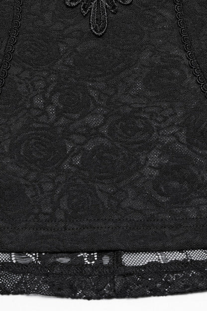 Black Stand Collar Short Sleeves Ruffle Hollow Embroidery Lace Sheer Women's Gothic Blouse