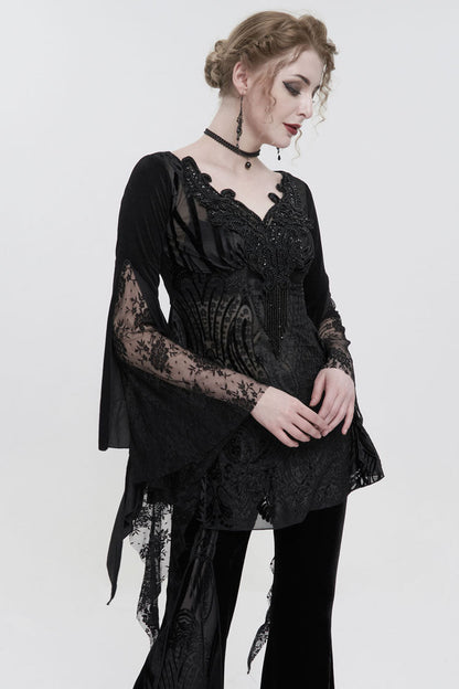 Black V-Neck Beading Lace Flared Cuffs Floral Hip Covered Long Sleeves Women's Gothic T-Shirt