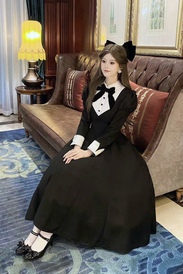 Black [Miss Donya] Stand Collar Long Sleeves Bow Gothic Elegant Lolita OP Dress