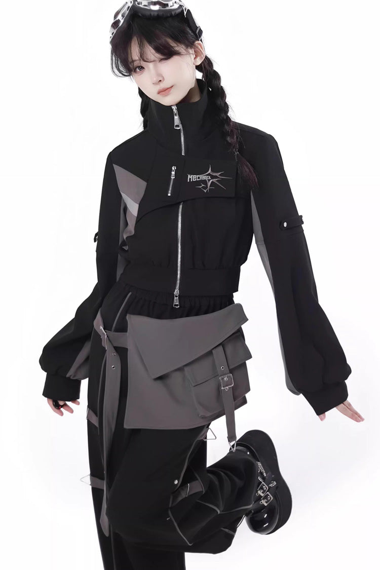 Black [Holographic Cruise] Techwear Long Sleeves Spliced Zippered Gothic Jirai Kei Pants and Short Coat Set