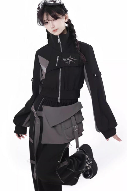 Black [Holographic Cruise] Techwear Long Sleeves Spliced Zippered Gothic Jirai Kei Pants and Short Coat Set