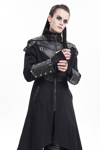 Black Stand Collar Eyelets Buckle-up Ring Long Sleeves Stitching Men's Gothic Coat