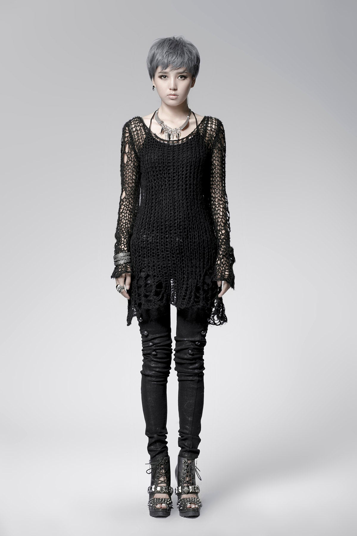 Round Collar Long Sleeves Print Ripped Women's Steampunk Sweater 3 Colors
