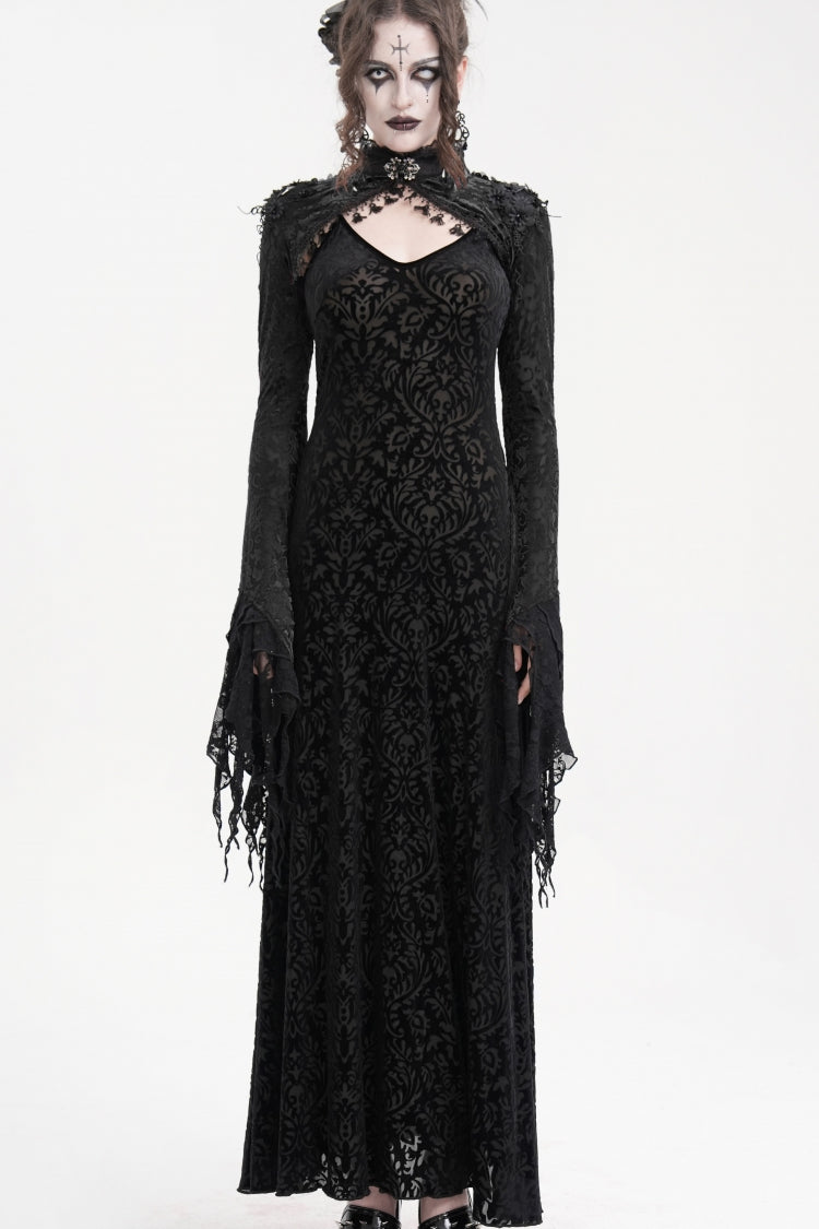 Black Stand Collar Long Sleeves Lace Tassels Women's Gothic Cape