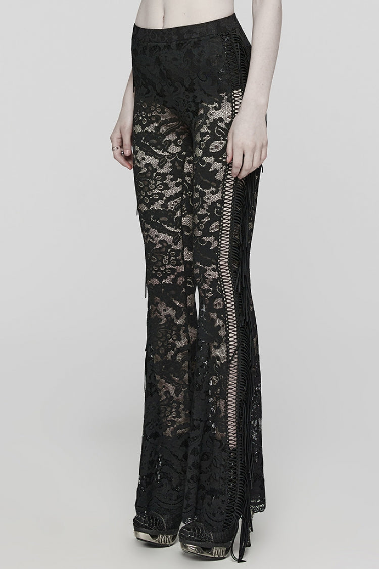 Lace Sheer Mesh Tassels Women's Gothic Flared Pants 2 Colors