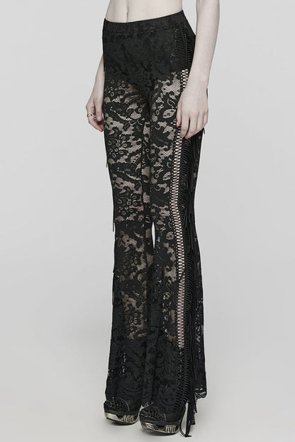 Lace Sheer Mesh Tassels Women's Gothic Flared Pants 2 Colors