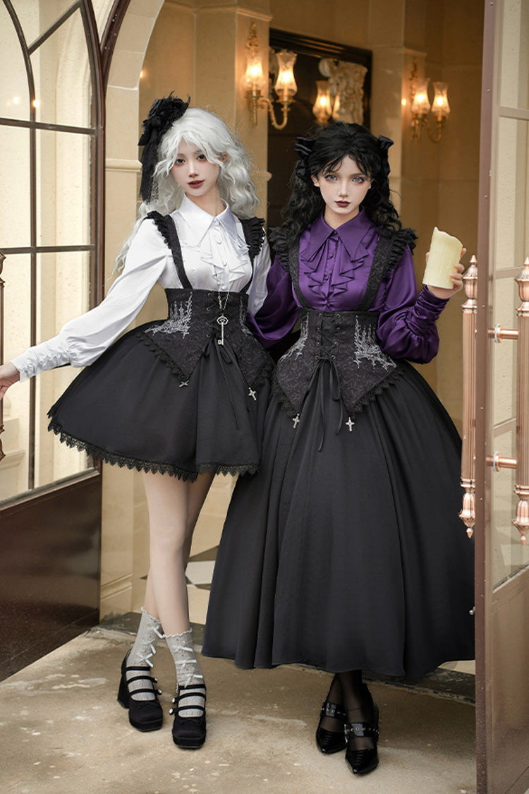Black [Night of Thorns] Sleeveless Embroidery Lace-Up Gothic Lolita Strap Breast Support Dress 2 Versions