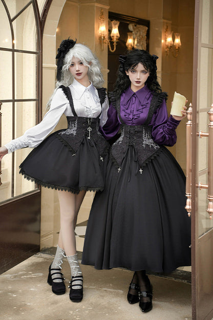 Black [Night of Thorns] Sleeveless Embroidery Lace-Up Gothic Lolita Strap Breast Support Dress 2 Versions