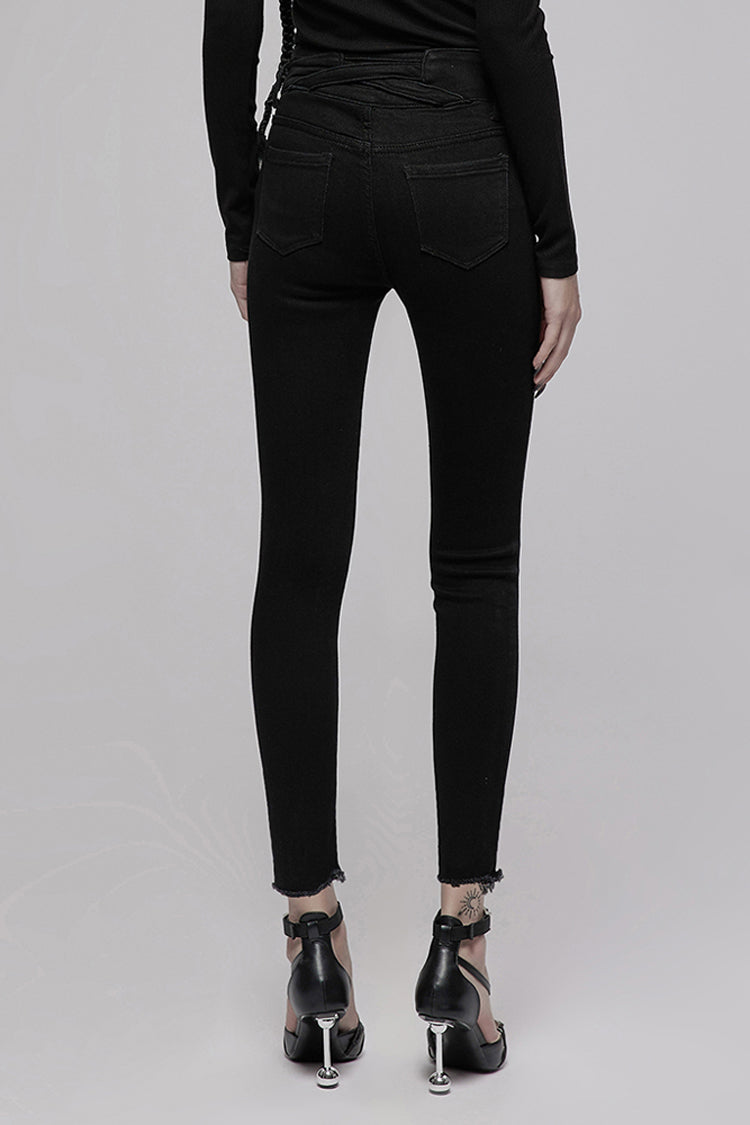 Black Triangular Metal Decorative Sheet Back Crossed Straps Tight Fit Punk Women's Denim Pants
