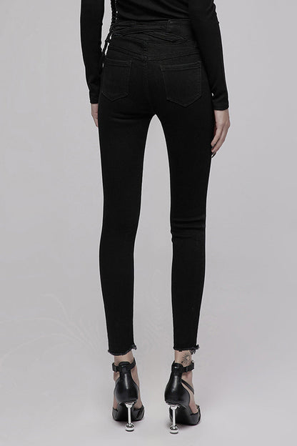 Black Triangular Metal Decorative Sheet Back Crossed Straps Tight Fit Punk Women's Denim Pants