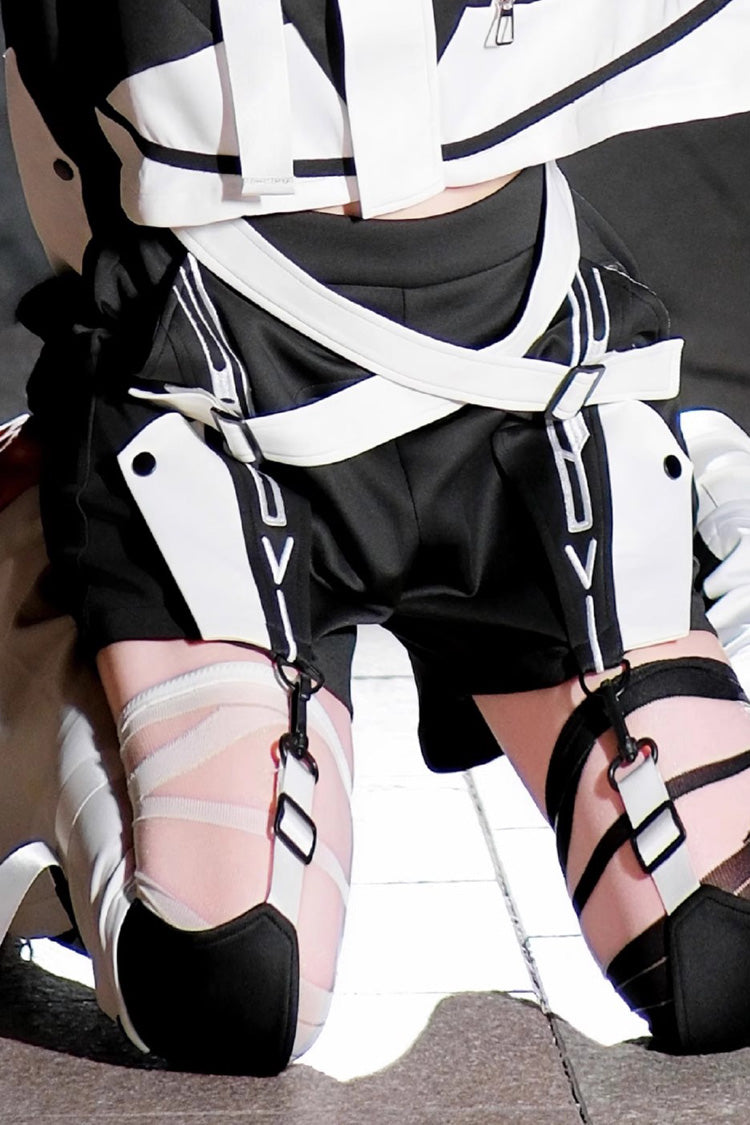 Black/White [Zero-Type Transformation] Techwear Long Sleeves Embroidered Hooded Punk Jirai Kei Shorts Coat Set