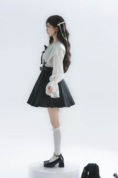 Black/White Lapel Collar Long Sleeves Ruffled Bow Classic Lolita Strap Dress Set