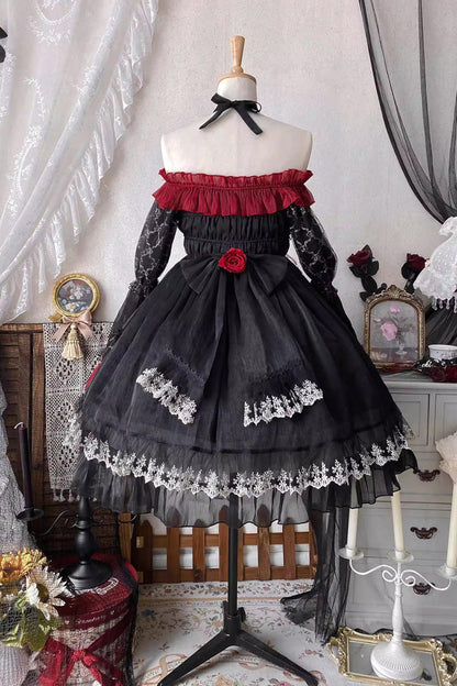 Black/Red [Perlia’s Night] Long Puff Sleeves Ruffled Open-Front Bow Lace Gothic Lolita Dress