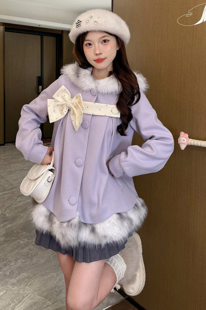 Purple Long Sleeves Plush-Trim Polka Dot Printed Bow Hooded Sweet Lolita Coat