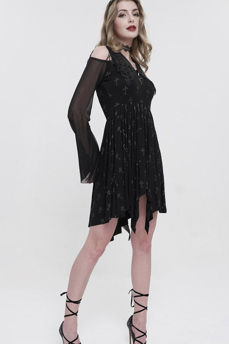 Black Sleeves Cross Print Embroidered And Beaded Neckline Stretch-Mesh Flared Women's Gothic Dress