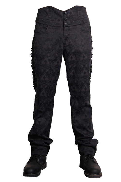 Black Side Discoid Flowers Back Waist Lace Up Gothic Jacquard Mens Pants