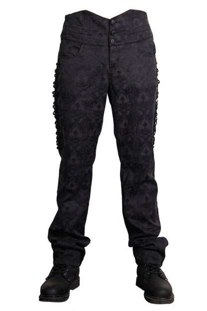 Black Side Discoid Flowers Back Waist Lace Up Gothic Jacquard Mens Pants