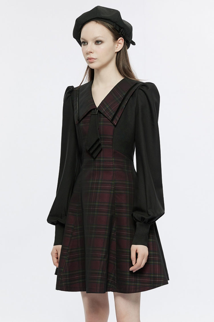 Black/Red Long Lantern Sleeves Plaid Print Detachable Lace-Up Women's Punk College Style Dress