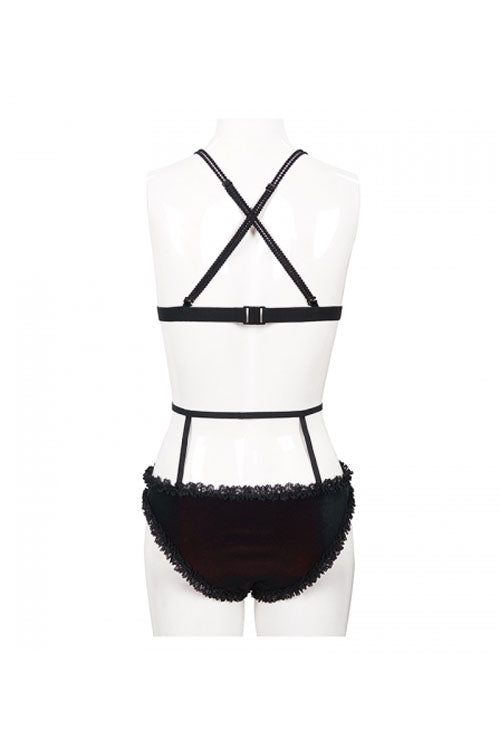 Black Red Velvet Chest Lace Up Gothic Swimsuit Suit
