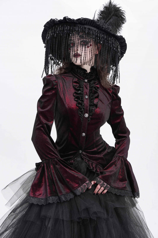 Red Stand Collar Long Trumpet Sleeves Ruffle Swallow-tailed Women's Gothic Blouse