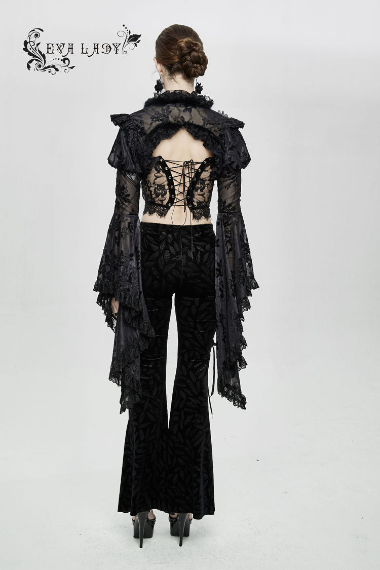 Black Transparent Lace Trim Big Trumpet Sleeve 3D Flower Rabbit Fur Lace Women's Gothic Shawl