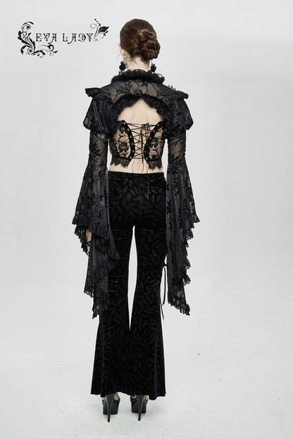 Black Transparent Lace Trim Big Trumpet Sleeve 3D Flower Rabbit Fur Lace Women's Gothic Shawl