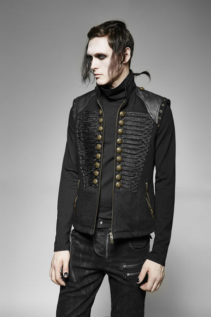 Black Sleeveless Double Breasted Retro Metal Button Decoration Mens Steampunk Vest