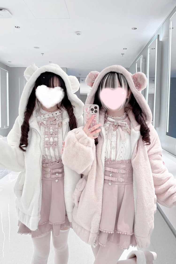 [Sleepy Bear Fluffy] Bear Ears Long Sleeves Bow Lace-Up Hooded Zippered Sweet Jirai Kei Japanese Coat
