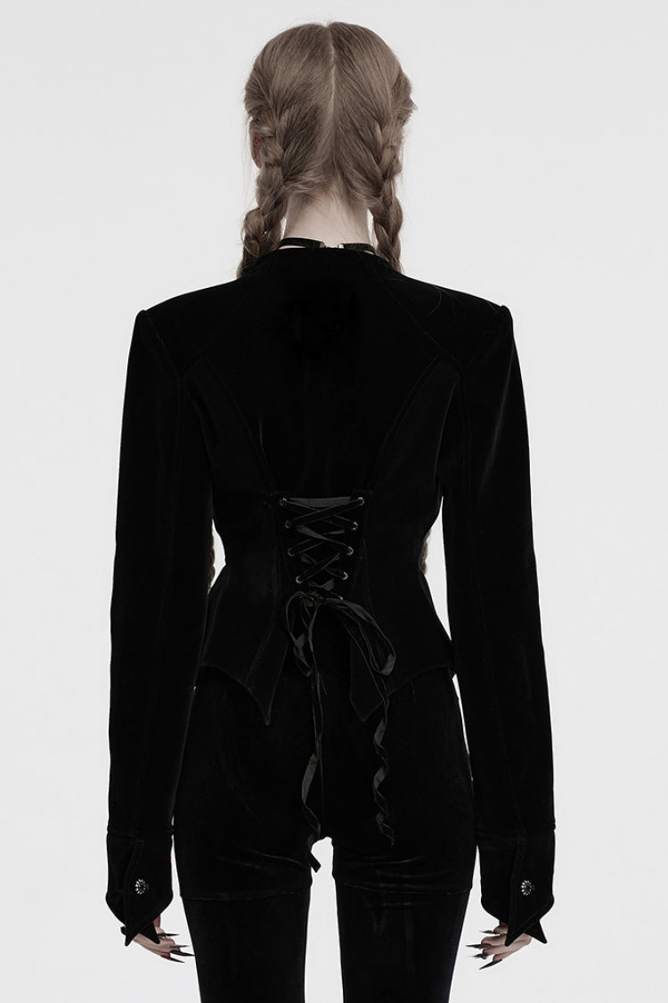 Black V Collar Long Sleeves Floral Embroidery Lace-Up Women's Gothic Jacket