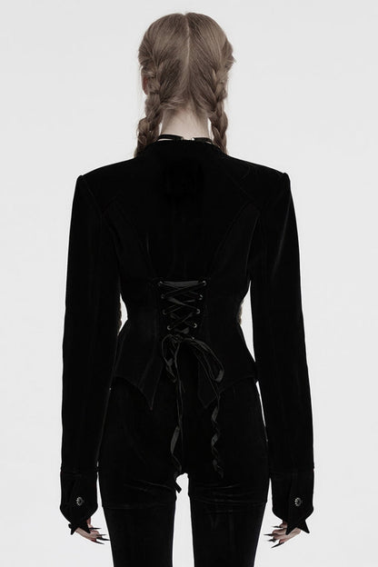 Black V Collar Long Sleeves Floral Embroidery Lace-Up Women's Gothic Jacket