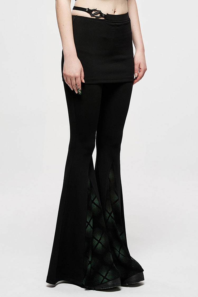 Black Retro Style Dark Plaid Side Shaped Rubber Buckle Decoration Perspective Flare Women's Punk Pant
