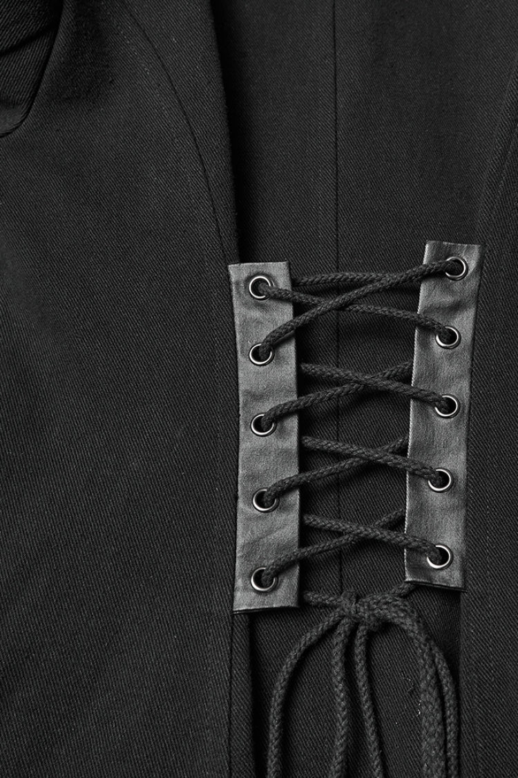 Black Stand Collar Long Sleeves Lace-Up Mesh Buckle Women's Punk Coat