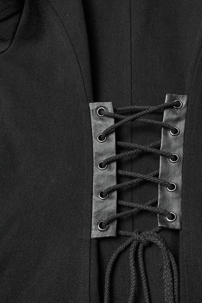 Black Stand Collar Long Sleeves Lace-Up Mesh Buckle Women's Punk Coat