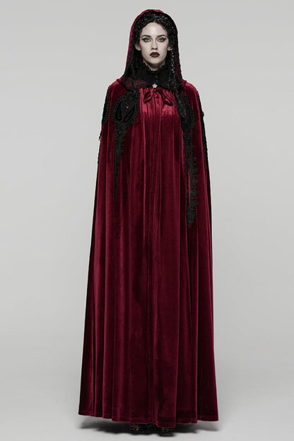 Red Floral Embroidery Diamante Velvet Hooded Women's Gothic Cloak
