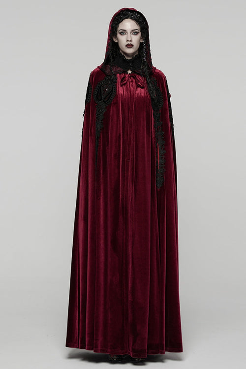 Red Floral Embroidery Diamante Velvet Hooded Women's Gothic Cloak