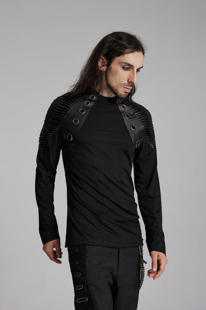 Black Round Collar Long Sleeves Mesh Pleated Loop Men's Punk Blouse