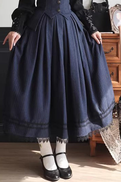 Blue [Griffin’s Pact] Striped Printed Ruffled Gothic Lolita Skirt Vest Set