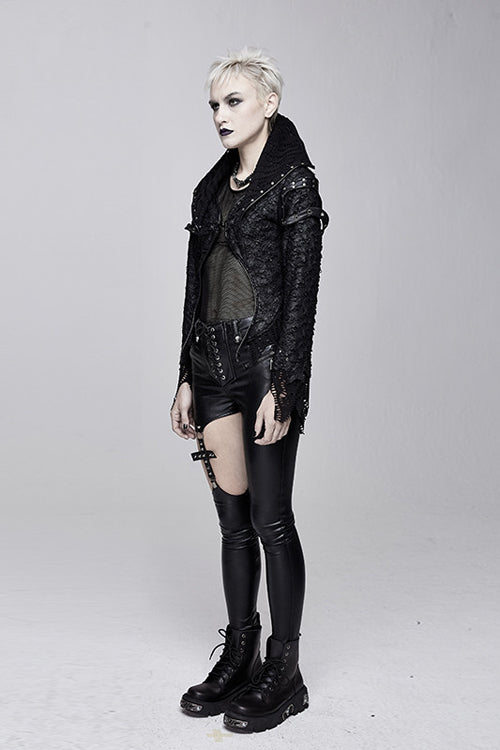 Black Punk Rock Short Front And Long Back Broken Holes Womens Jacket